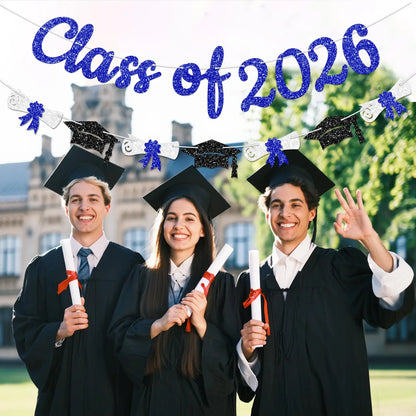 Glitter Gold/Blue/Purple/Red Class of 2026 Banner Graduation Sign with Grad Cap Garland for 2026 Graduation Party Decorations