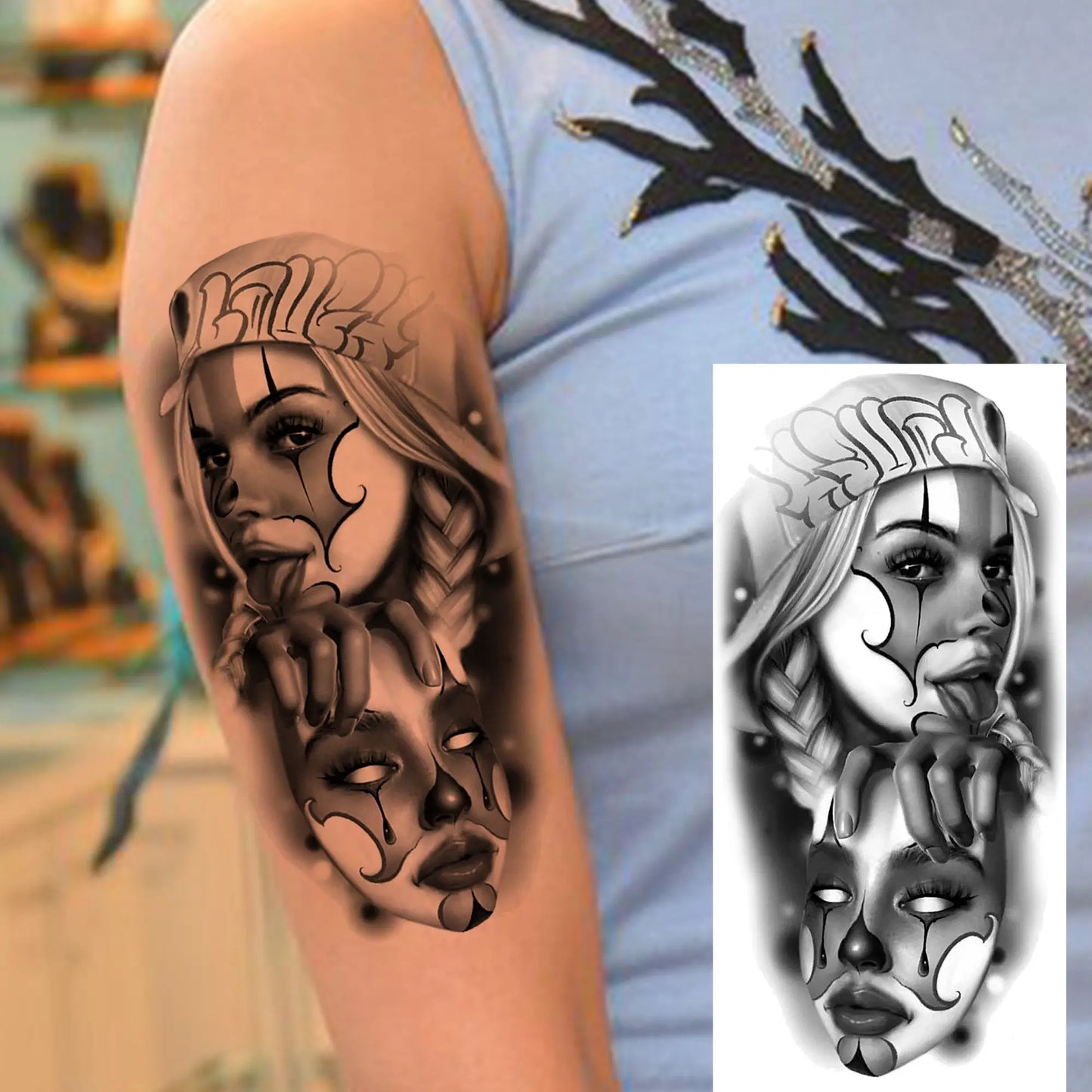 1 Sheet Evil Women Face Joker Mask Temporary Tattoos For Men Women Adults Waterproof Realistic Fake Tattoos Long Lasting Stic