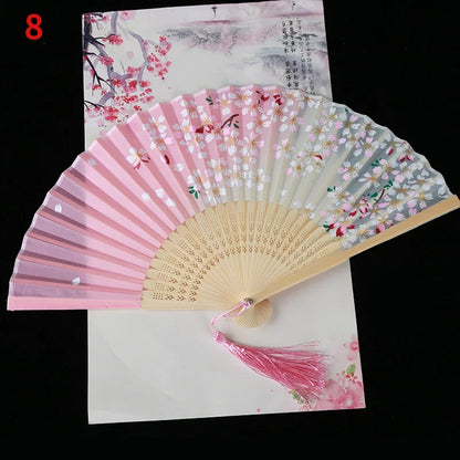 1Pc Vintage Silk Folding Fan Retro Chinese Japanese Bamboo Folding Fan Tassel Dance Hand Fan Home Decoration Ornament Craft G