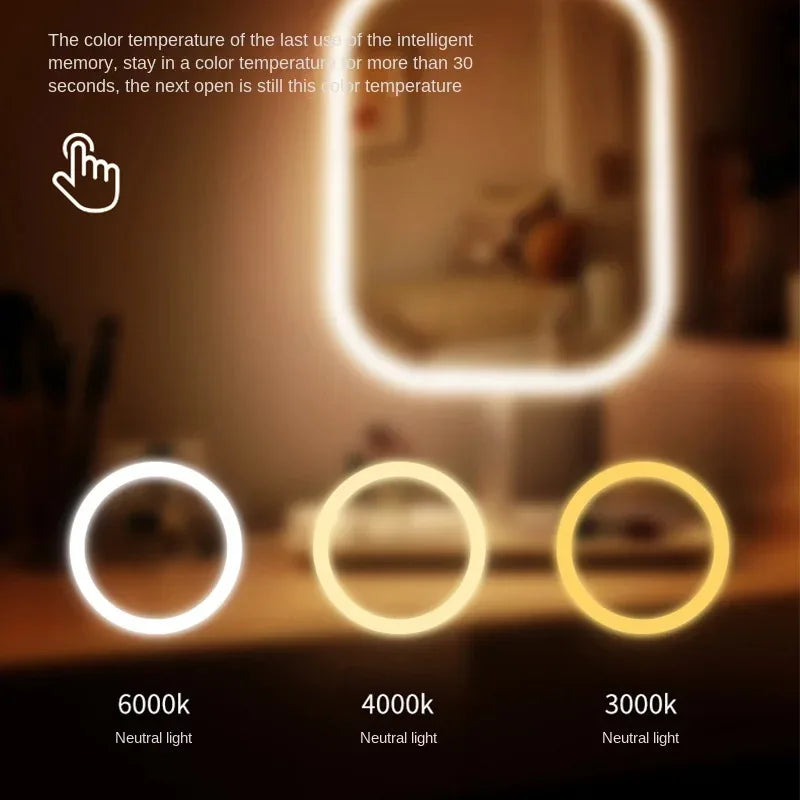 New 1Pc LED Modern Desktop Vanity Mirror, Portable 3 Color Light LED Makeup Mirror Touching Mirror Women Bedroom Dressing Mir