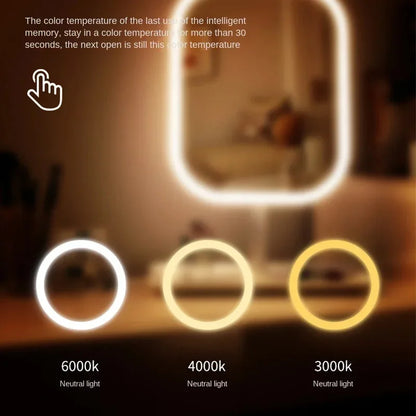 New 1Pc LED Modern Desktop Vanity Mirror, Portable 3 Color Light LED Makeup Mirror Touching Mirror Women Bedroom Dressing Mir