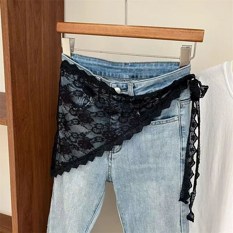 Women's Lace Trim Triangle Short Skirt Korean Style Stacked Half Skirt Small Apron Butt Curtain Soft Chiffon Fashion - black