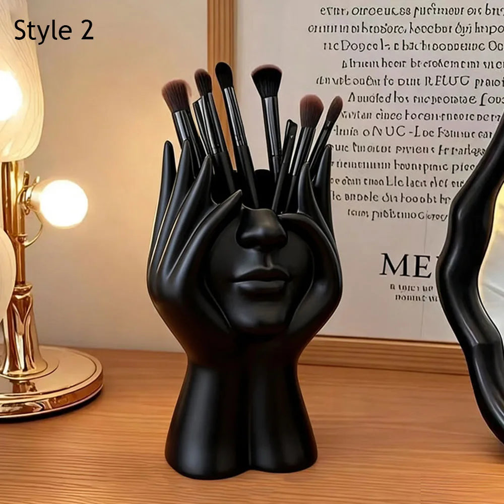 Face Shape Makeup Brush Holder Modern Nordic Flower Vases Makeup Storage Box Half Face Portrait Decor For Home Office Book Sh
