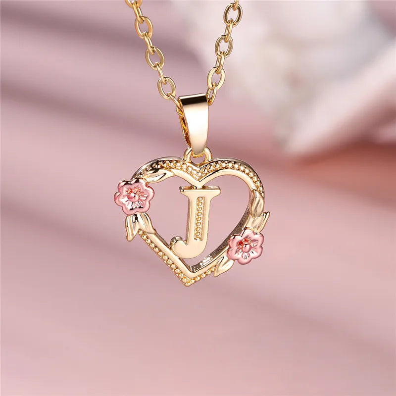 Female A-Z Letter Flower Pendant Necklace Yellow Gold Color Wedding Jewelry Gift For Women - J