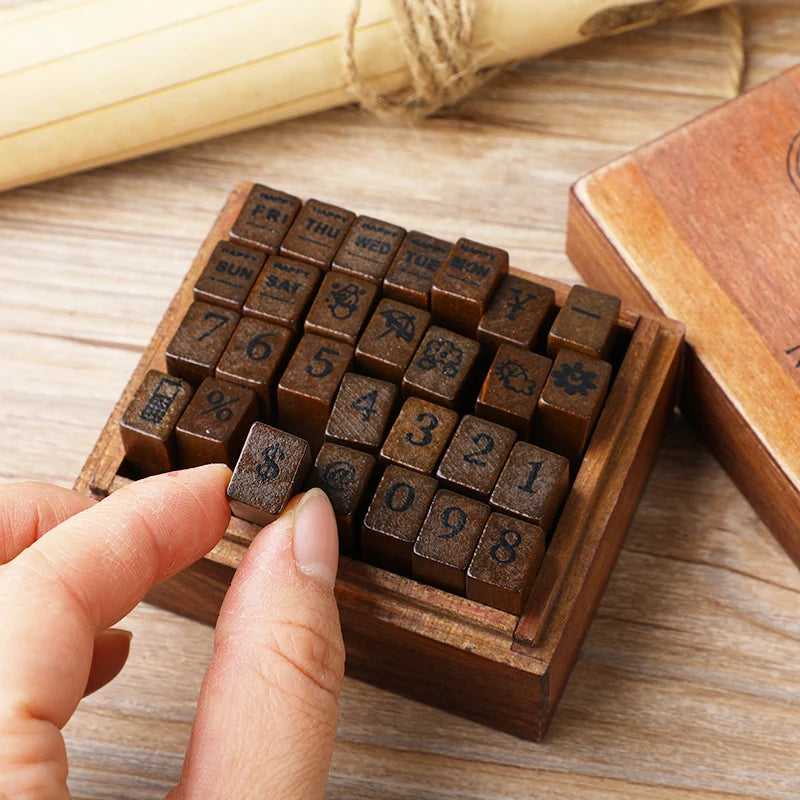 Journal Go 28pcs Alphabet Number Week Stamps Vintage Wooden Letter Stamp Set for Craft Card Making Planner Scrapbooking Journ