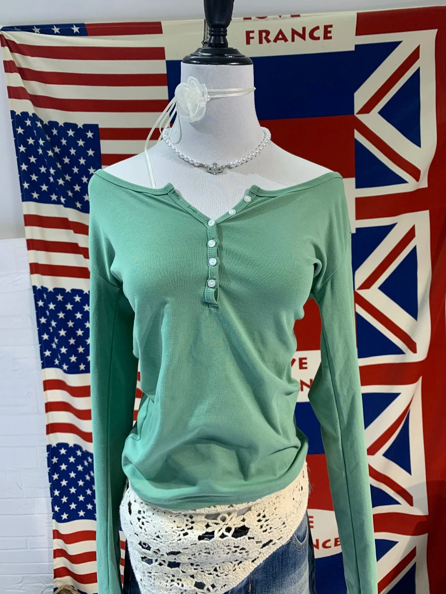 Six Buttons Ribbed Long Sleeve T-shirts Women Spring Round Neck Cotton Slim Tee Top Female Sweet Cute Pink Tshirt Y2k Tops Ne