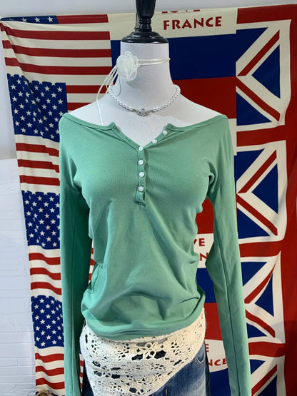 Six Buttons Ribbed Long Sleeve T-shirts Women Spring Round Neck Cotton Slim Tee Top Female Sweet Cute Pink Tshirt Y2k Tops Ne
