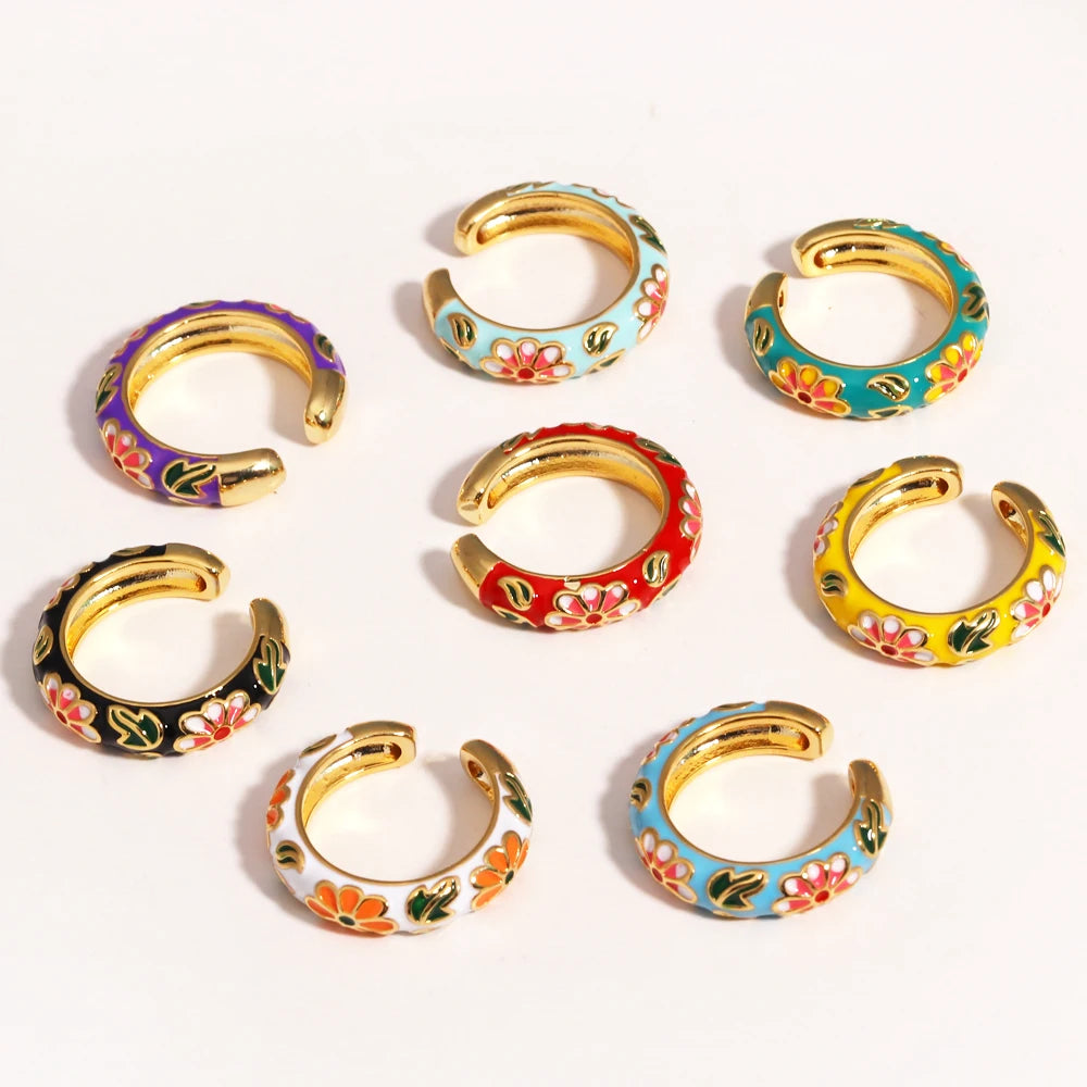 Vintage Colorful Enamel Flower Rings Trendy Geometric Female Minimalist Flower For Ladies Wedding Party Engagement Jewelry Gi