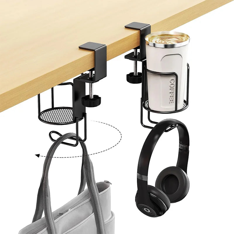 2 in 1 No Drill Desk Cup Holder Adjustable Upgraded Arm Clamp Stand 360 Degree Rotating Table Edge Clamp Anti-Fall Cup Holder