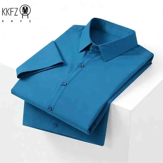 Minimalist Men's Solid Navy Blue Short Sleeve Button Shirt Slim Fit Casual Top for Everyday Outfits