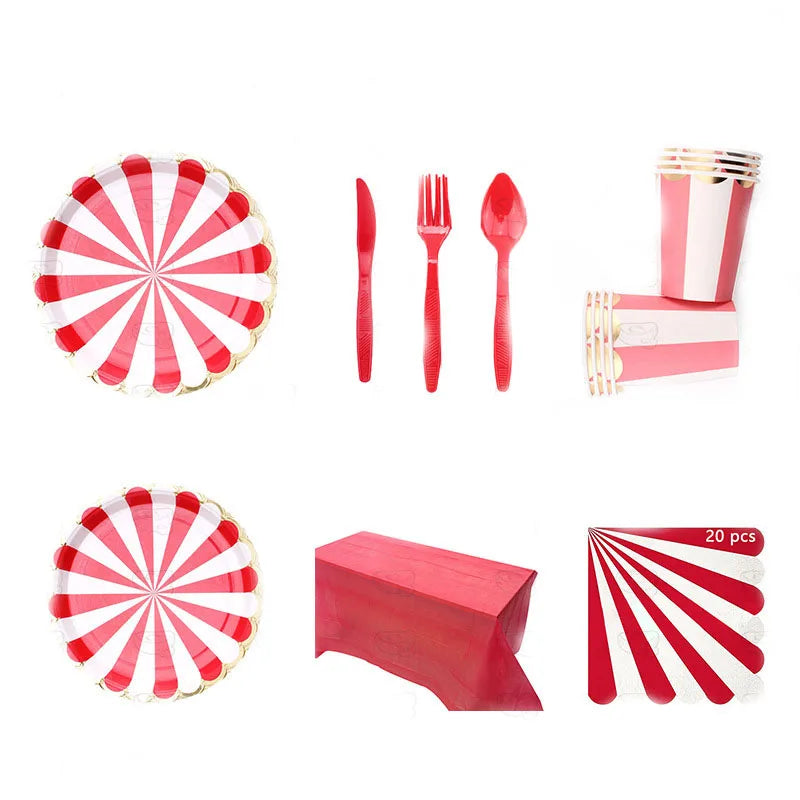 Circus Birthday Party Decor Red White Striped Disposable Tableware Sets Plates Cups PE Tablecloth Napkin Knives Forks Supplie