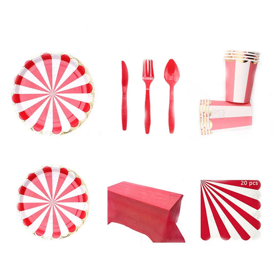 Circus Birthday Party Decor Red White Striped Disposable Tableware Sets Plates Cups PE Tablecloth Napkin Knives Forks Supplie
