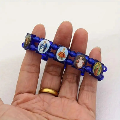 Vintage Jesus And Virgin Mary PVC Rosary Bead Bracelet With Elastic Band Religious Image Stickers For Daily Wear Parties