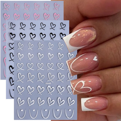 3pcs Valentine's Day Nail Art Stickers 3D Black White Pink Lines Love Heart Nail Decals DIY Adhesive Slider Manicure Decorati
