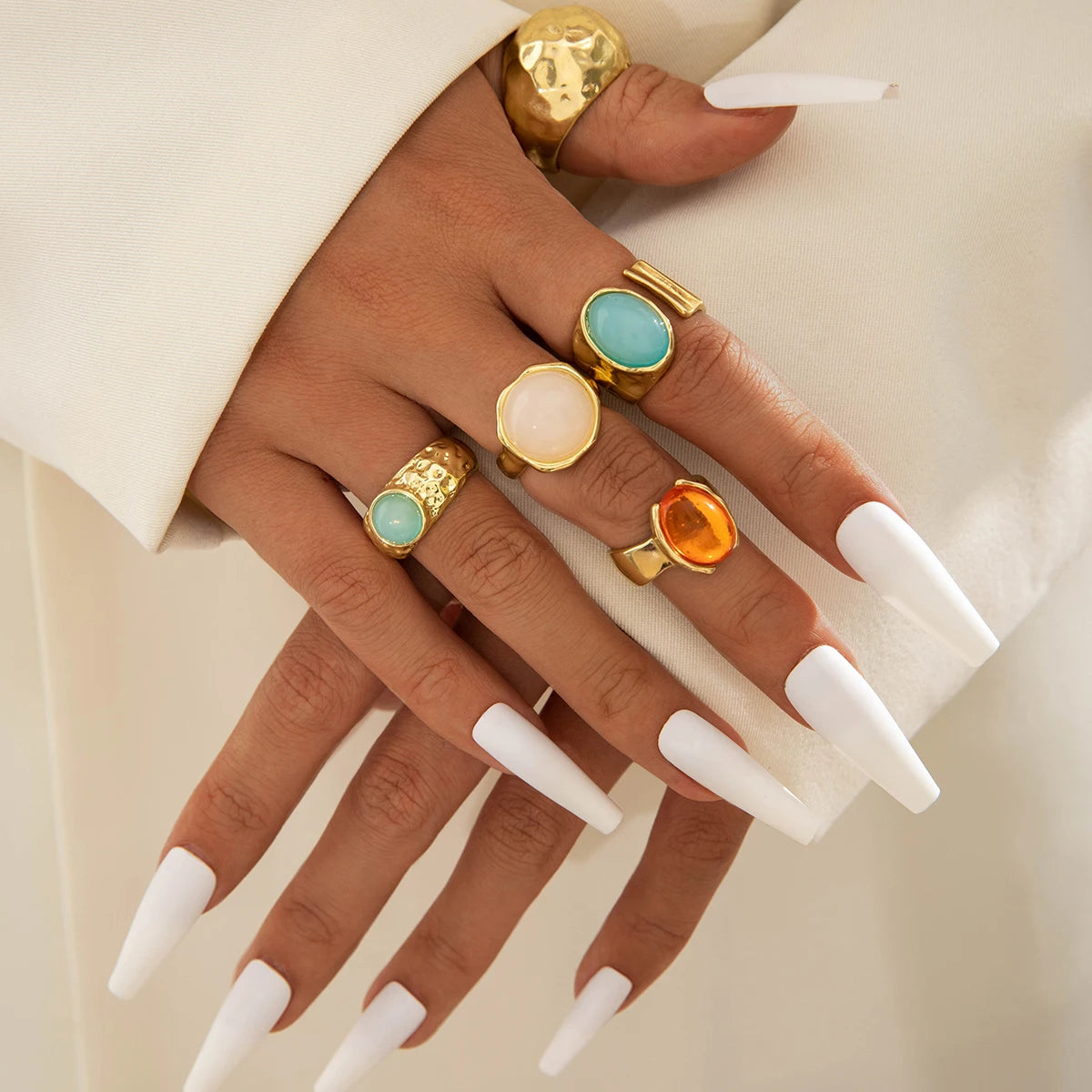 Tocona 2024 New Fashion Luxury Imitation Pearl Open Ring Sets for Women Elegant Gold Color Ring Party Jewelry Accessories - S