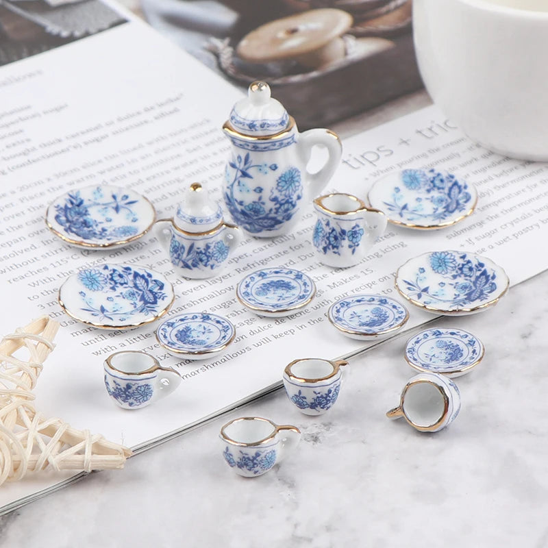 15Pcs 1:12 Dollhouse Miniature Tableware Porcelain Ceramic Tea Cup Set Model Kitchen Accessories For Doll House Decor Toys Gi