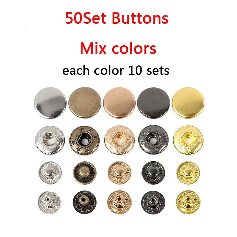 50Sets Leather Snap Fasteners Kit 10mm 12mm 15mm Metal Button Snaps Press Studs 4 Install Tools Leather Snaps For DIY Clothes