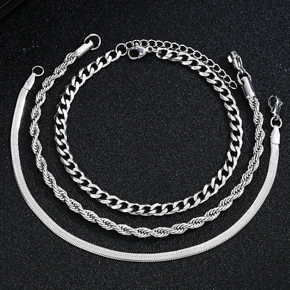 2024 New Simple Stainless Steel Silver Color Jewelry Sets for Men Unisex Punk Vintage Smooth Ring Necklace Bracelet Set Gifts