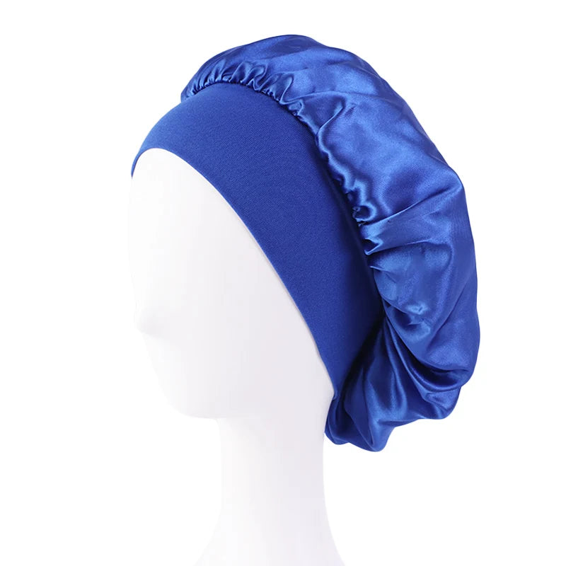 Women's Satin Solid Bonnets Wide-brimmed Night Sleeping Bathing Hat Unisex Head Wrap Elastic Band Cap Hair Care Bonnet - roya
