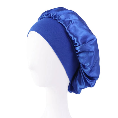 Women's Satin Solid Bonnets Wide-brimmed Night Sleeping Bathing Hat Unisex Head Wrap Elastic Band Cap Hair Care Bonnet - roya