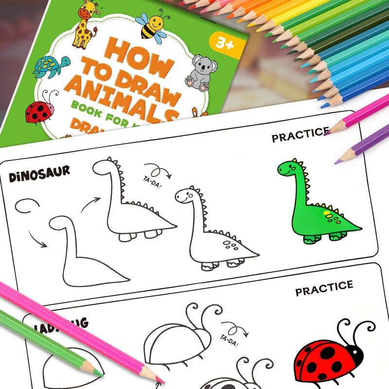 96 Animal Themes Interactive Activity Book on How To Draw Animals Four Simple Steps To Complete Drawing Coloring Toy Book