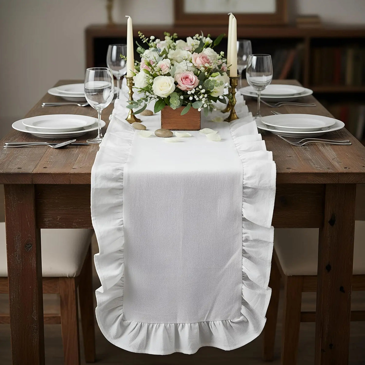 Ruffle Table Runner 100% Cotton Fabric Farmhouse Rustic Ruffled Edge Table Runner Wedding Decor for Christmas Holiday Baby Sh