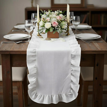 Ruffle Table Runner 100% Cotton Fabric Farmhouse Rustic Ruffled Edge Table Runner Wedding Decor for Christmas Holiday Baby Sh