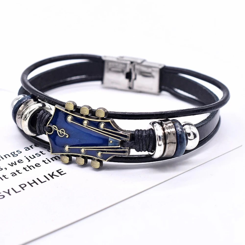 Retro Faux Leather Guitar Bracelet, Punk Rock Music Guitar Genuine Leather Bracelet, Handmade Braided Multi-Layer Wrap Bracel