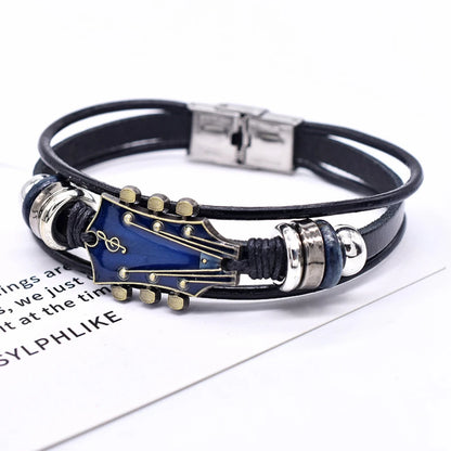 Retro Faux Leather Guitar Bracelet, Punk Rock Music Guitar Genuine Leather Bracelet, Handmade Braided Multi-Layer Wrap Bracel