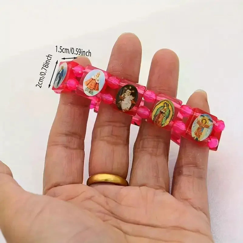 Vintage Jesus And Virgin Mary PVC Rosary Bead Bracelet With Elastic Band Religious Image Stickers For Daily Wear Parties