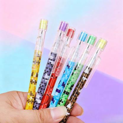 6 unsharpened mosaic pencils: 9-section break-resistant barrel + colorful pixel grip - retractable ink tip, smooth writing