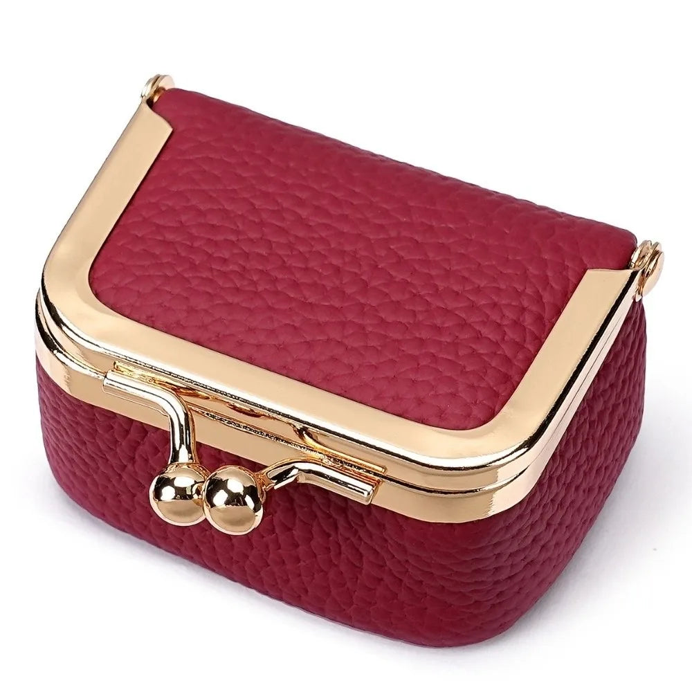 Wallet Genuine Leather Kiss Lock Coin Purse Solid Color Square Leather Jewelry Bag Multifunctional Mini Small Item Bag Earrin