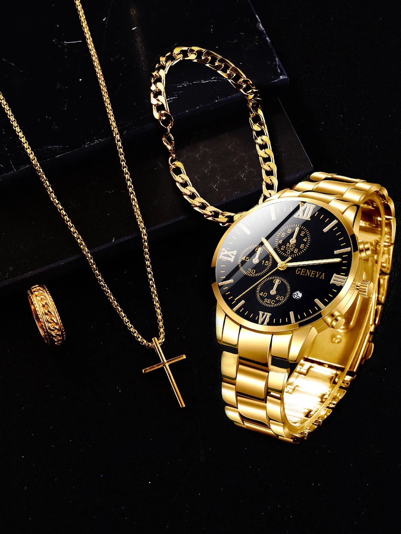 4pcs gold alloy Roman with calendar men's quartz watch and cross necklace bracelet ring set selected gift，Boxes not included