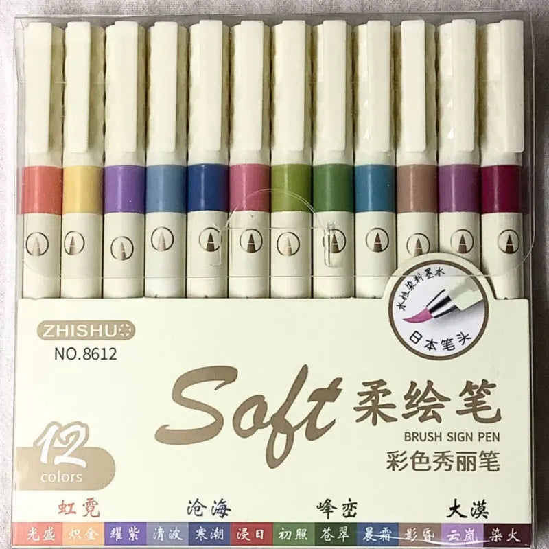 12/6 Color Vintage Watercolor Lettering Art Marker Drawing Pen Set Multicolor Soft Brush Tip Calligraphy Painting Art Supplie