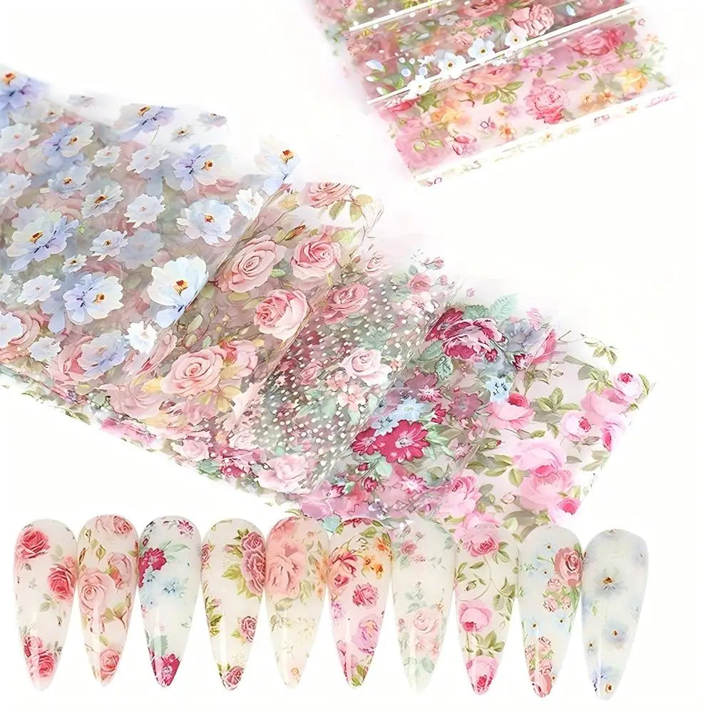 10PCS Mixed Nail Art Foils Transfer Sticker Set Rose Flower Designs Floral Starry Sky Nail Wraps Wedding Summer Manicure Deco
