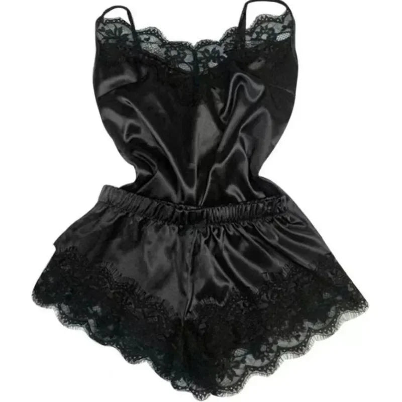Lace Satin Pajama Set for Women Sleepwear V-Neck Stretch Sexy Lingerie Strap Vest Top Shorts Nightwear Pijamas - black / S
