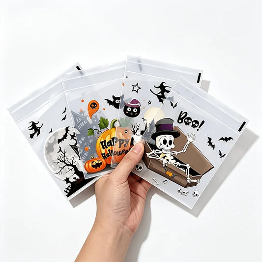 100Pcs Small Halloween Treat Bags,Clear Self Adhesive Candy Bags, Plastic Cookie Bags for Trick or Treat, Halloween Goodie Ba