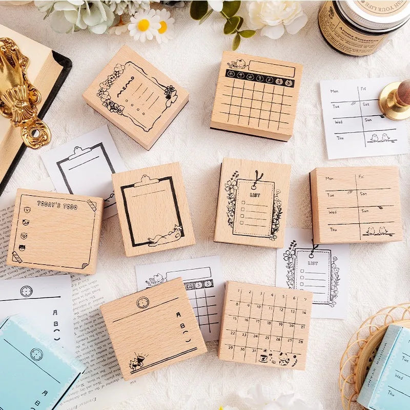 Cute Cat Daily Monthly Calendar Wood Stamp Journaling To Do List Memo Clock in Stamps for Scrapbooking Hobby DIY Craft Suppli