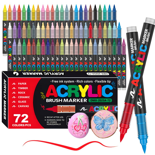 Acrylic Markers Brush Tip Paint Marker 12-72 Colors Acrylic Paint Pen for Rock Canvas Wood Ceramic Adult Coloring DIY Crafts