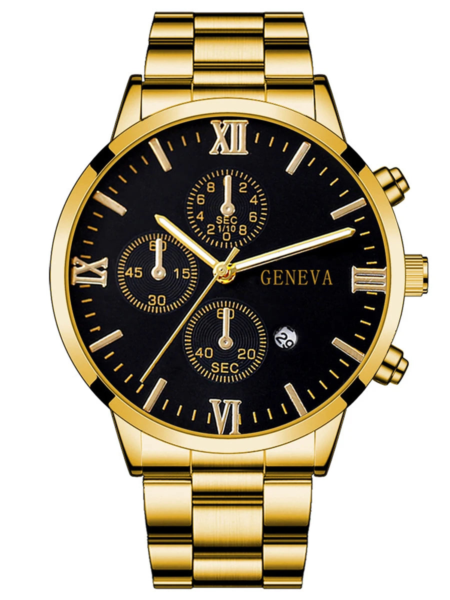 4pcs gold alloy Roman with calendar men's quartz watch and cross necklace bracelet ring set selected gift，Boxes not included