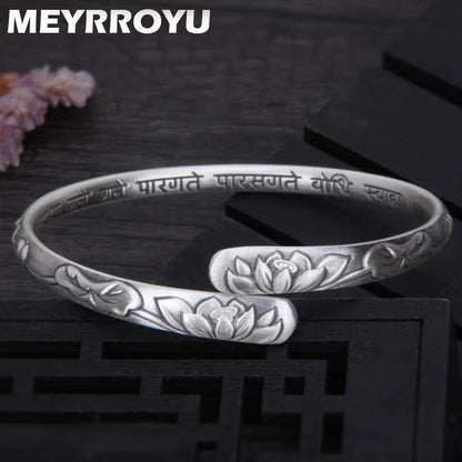 New Vintage Thai Silver Lotus Flower Open Bracelet For Women Men Fashion Jewelry Party Unisex Gift pulseras mujer