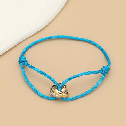 Simple Fashion Unisex Bracelet 3 Metal Round Circle Accessory Adjustable Men's Rope Bracelet for Women Jewelry Gifts - dark b