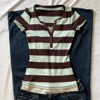 Vintage Y2K Women's Crop Top Casual Slim Chic Faux Two-Piece Color-Blocked Short Sleeve Shirts Spring Summer Striped Streetwe