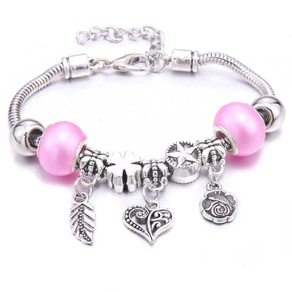 Pink Charm Bangle Lobster Buckle Snake Chain Beaded Bangles For Women Summer Romantic Gift Fashion Butterfly Bracelet Jewelry