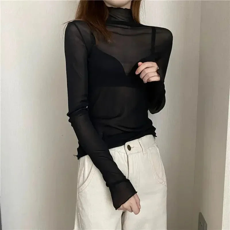 New Women Floral Lace Shirt Spring Autumn Long Sleeve Sexy Mesh Bottoming Shirts Mock Neck Blouse T-Shirt Pullover Top - Blac