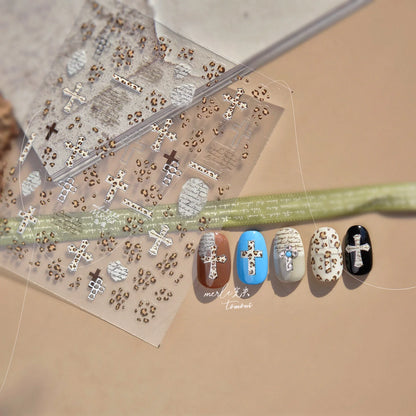 Gold Silver Metal Nail Stickers Dark Retro High-end Cross Nail Art Accessories Sticker Back Blue Nails 3D Decorations Decals 