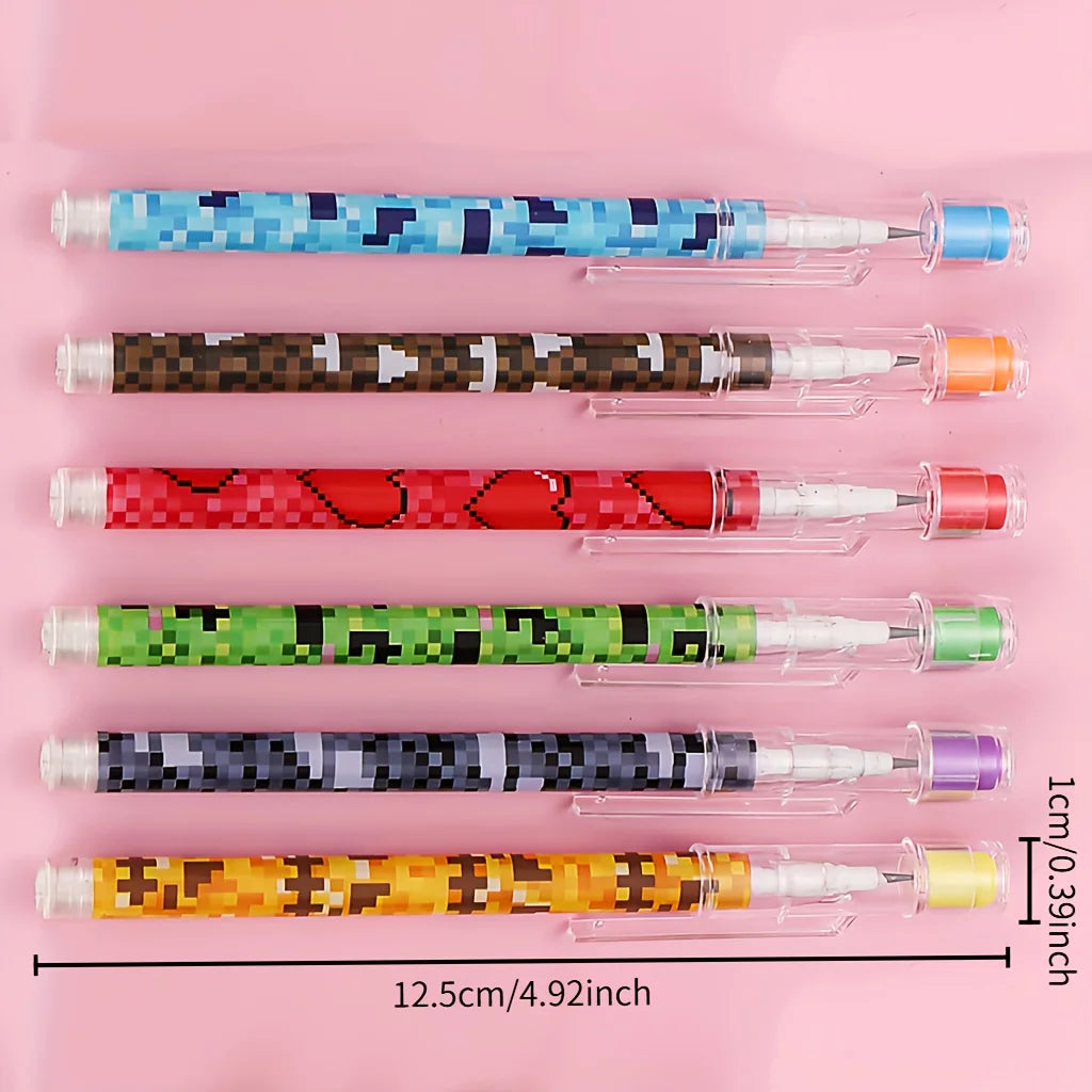 6 unsharpened mosaic pencils: 9-section break-resistant barrel + colorful pixel grip - retractable ink tip, smooth writing