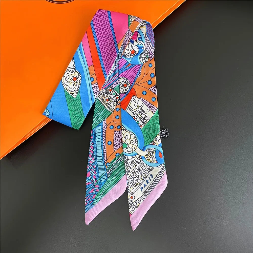 French Retro Print Tying and Wrapping Handle Ribbon Women's Imitation Silk Scarf Light Luxury Saddle Printed Streamer Decorat