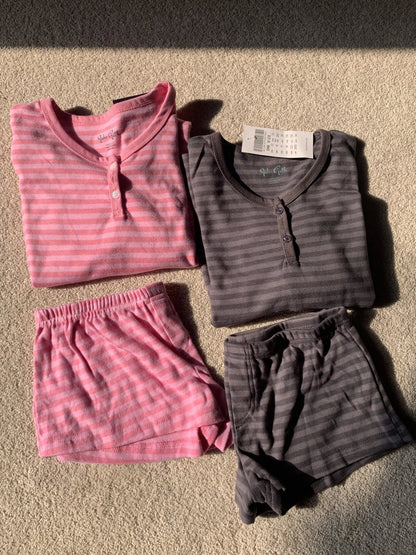 Pink Striped Long Sleeve T-shirt Shorts Set Woman Buttons Slim Tees+Elastic Straight Short Pant Cotton Home Pajama 2 Piece Se