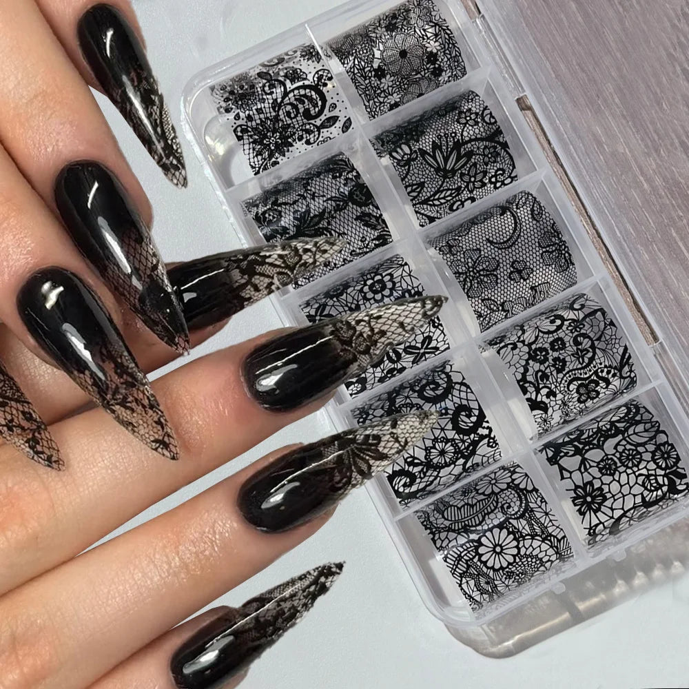 10 Rolls 4x50CM Black White Lace Transfer Nail Sticker Sexy Flower Lace Nail Art Transfer Foils Paper for DIY Manicure Decals